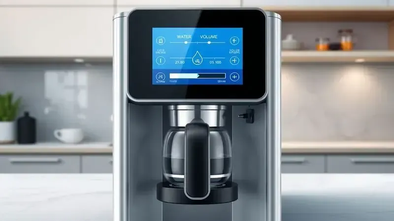 Ajuste de volume de água em interface digital de cafeteira com exibição de níveis de água personalizáveis