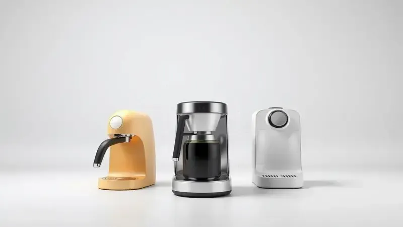 Render 3D de alternativas de cafeteiras em grade comparativa com linhas conectando opções diferentes.