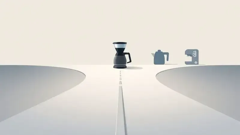 Ilustração conceitual de encruzilhada representando escolha entre cafeteira Lenoxx e alternativas, com caminhos e silhuetas abstratas.