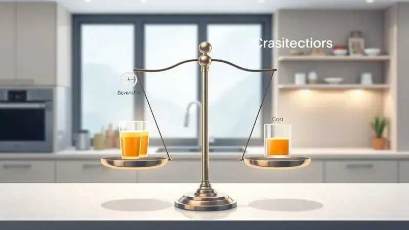 Ilustração conceitual de balança mostrando prós e contras de cafeteira automática