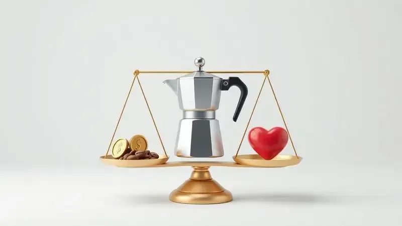 Representação conceitual da análise custo-benefício de uma cafeteira italiana, pesando qualidade, durabilidade e preço.