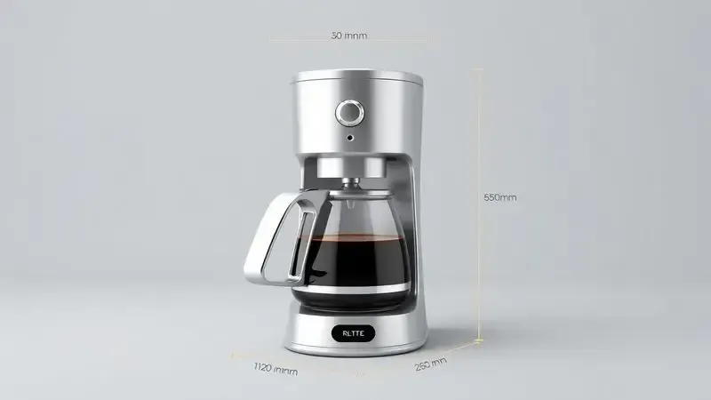Ilustração conceitual 3D mostrando análise dimensional e medidas de cafeteira elétrica.