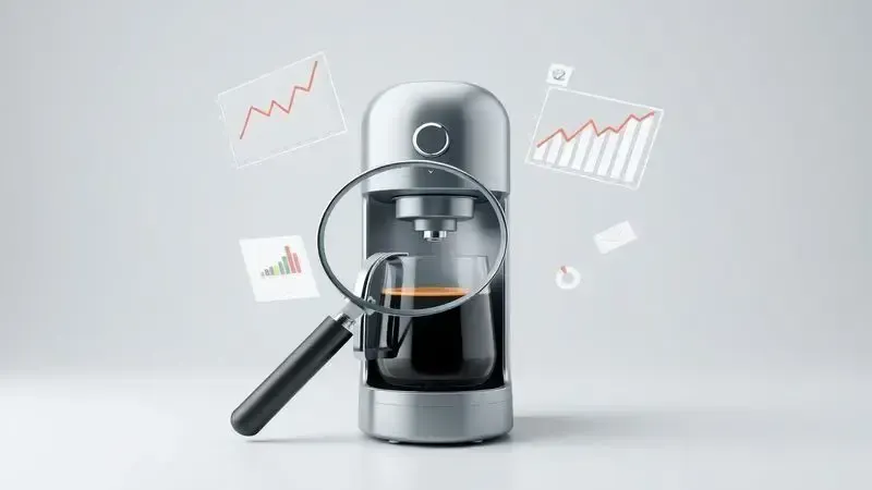 Ilustração conceitual de análise de cafeteira de cápsulas com gráficos e lupa.