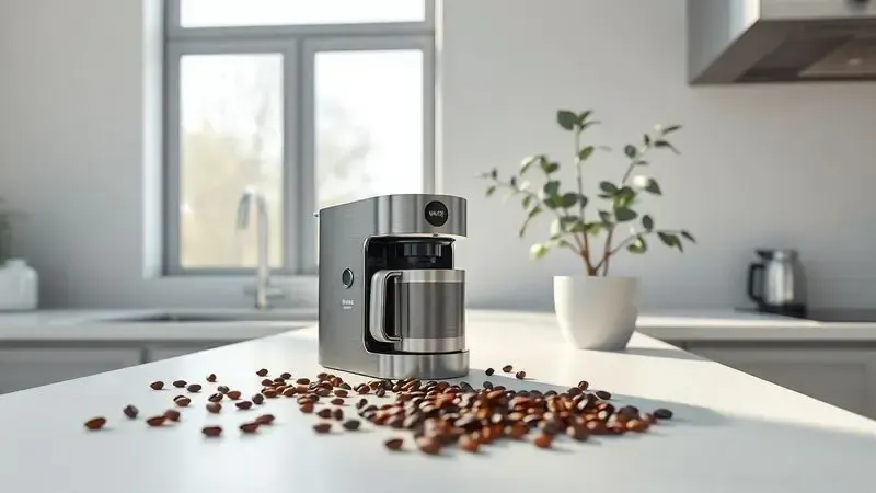 Ilustração realista de uma cafeteira inox e copo térmico em um ambiente de cozinha moderna e descontraída.
