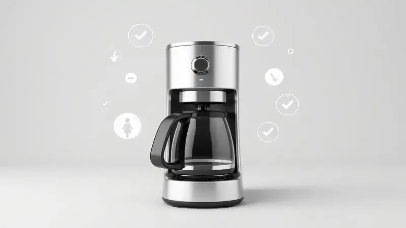 Render conceitual de cafeteira com ícones abstratos representando desempenho, praticidade e facilidade de uso.