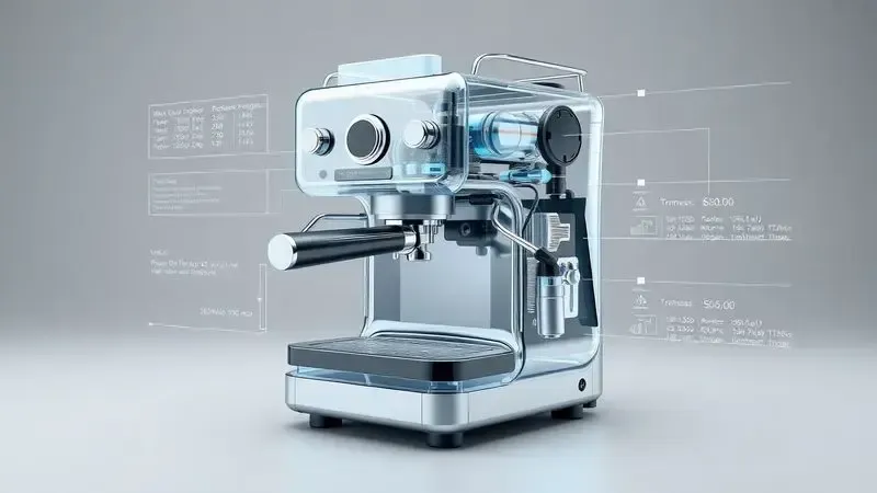 Ilustração técnica conceitual de cafeteira espresso com componentes internos visíveis e diagramas analíticos