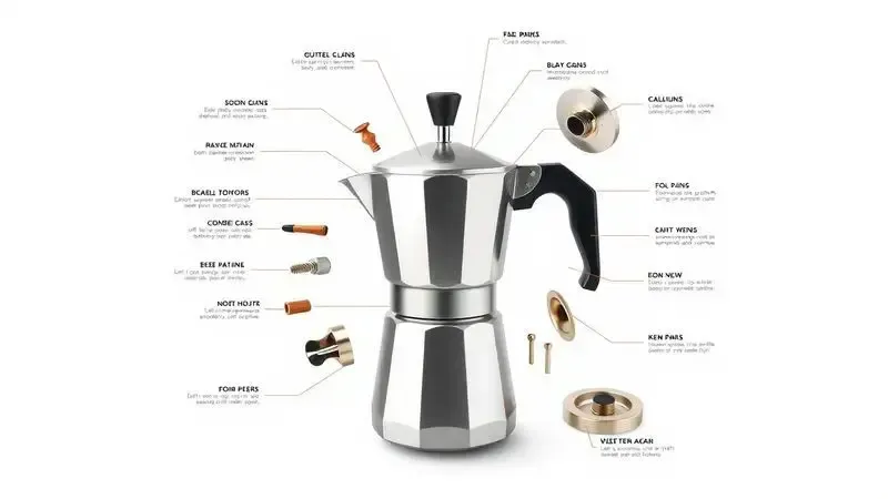 Ilustração digital com vista explodida das partes de uma cafeteira italiana, mostrando componentes separados.