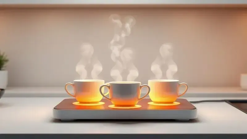 Ilustração 3D conceitual de área de aquecimento de xícaras para café com efeito de vapor sutil.
