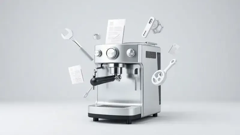 Ilustração conceitual de assistência técnica e garantia para cafeteira expresso com ferramentas