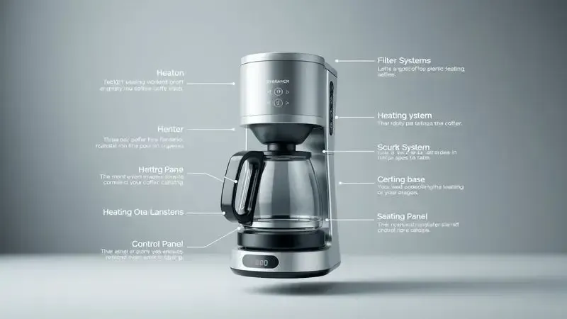Diagrama artístico de recursos de cafeteira com componentes flutuantes em estilo conceitual