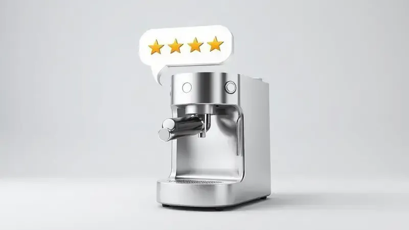 Ilustração conceitual de avaliação de cafeteira expresso com símbolos de aprovação e classificação
