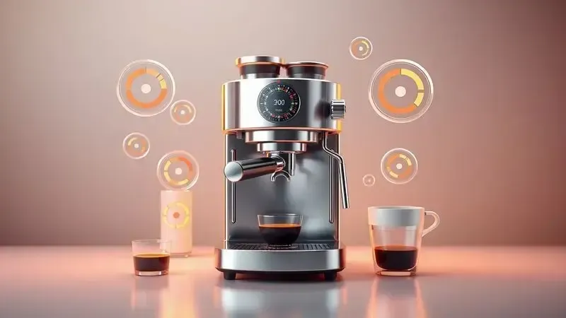 Ilustração conceitual da avaliação de qualidade de uma cafeteira espresso moderna