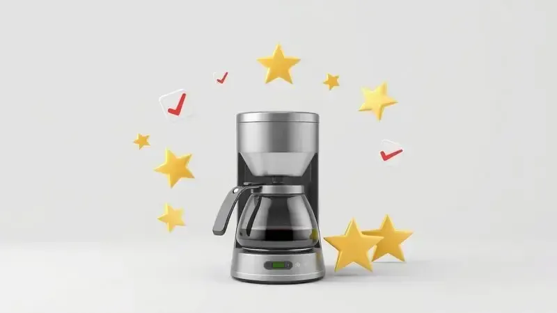 Ilustração conceitual de avaliação de qualidade de cafeteira com símbolos de aprovação.
