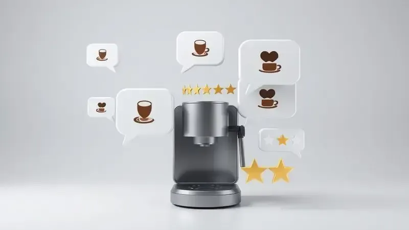 Ilustração conceitual de avaliações de usuários com balões de fala e estrelas em fundo minimalista.