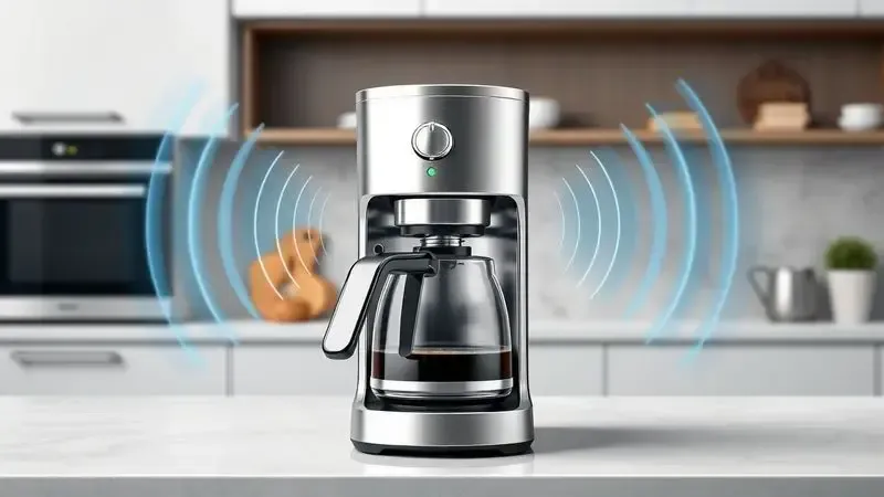 Conceito de aviso sonoro de cafeteira com ondas sonoras e materiais premium como aço inox e vidro