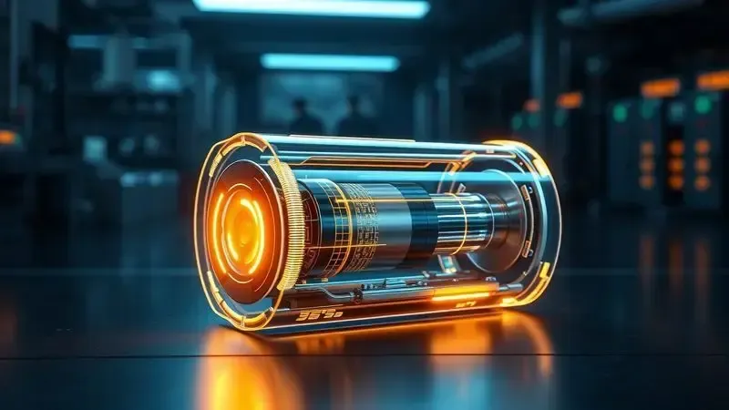 Render 3D de uma célula de bateria de íon-lítio de alta performance mostrando estrutura interna e fluxo de energia.