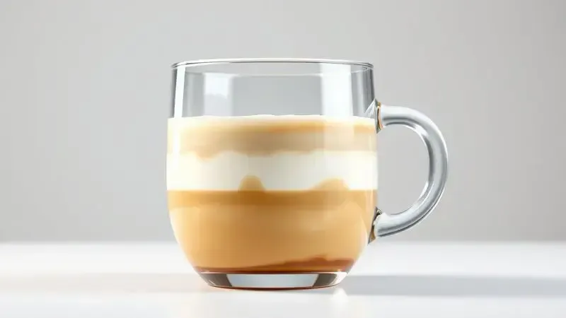 Bebida de café com leite cremosa em ilustração 3D realista mostrando camadas de leite e café