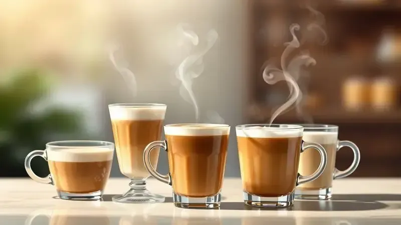 Conceito ilustrativo de bebidas de café com leite e latte art em copos elegantes.