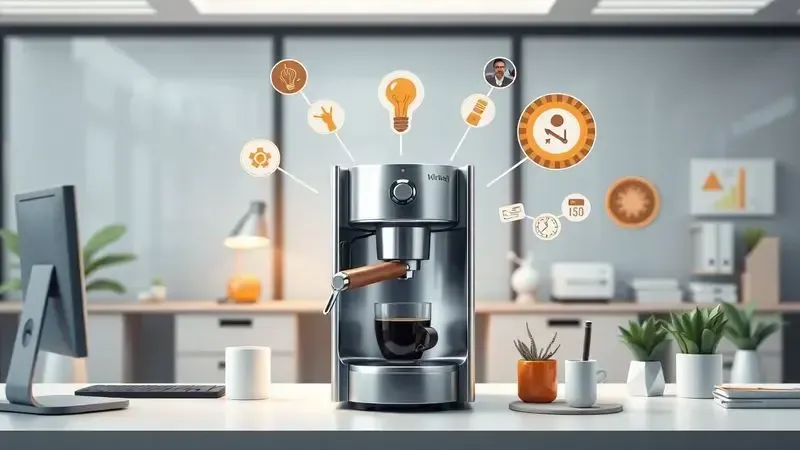 Ilustração conceitual mostrando benefícios de uma cafeteira no escritório para produtividade e trabalho em equipe.