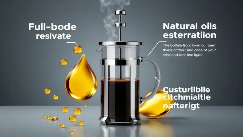 Benefícios do café na prensa francesa como sabor encorpado e preservação de óleos naturais.