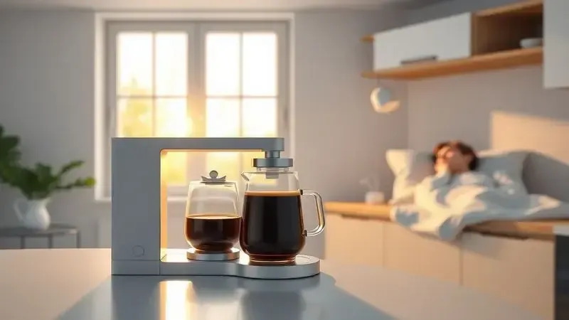 Ilustração conceitual mostrando café sendo preparado automaticamente pela manhã enquanto pessoa dorme