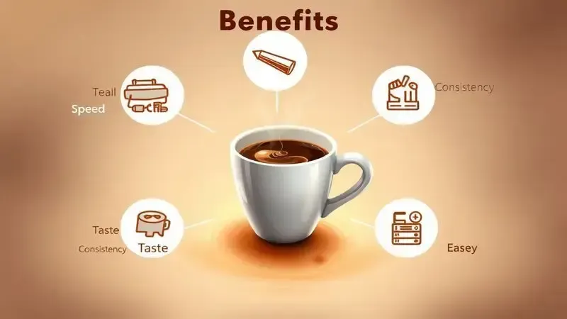 Ilustração conceitual dos cinco principais benefícios de uma cafeteira de sachês: velocidade, conveniência, sabor, consistência e facilidade