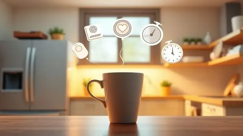 Ilustração conceitual 3D com ícones abstratos de qualidade, conveniência e economia em torno de uma xícara de café em cozinha aconchegante.