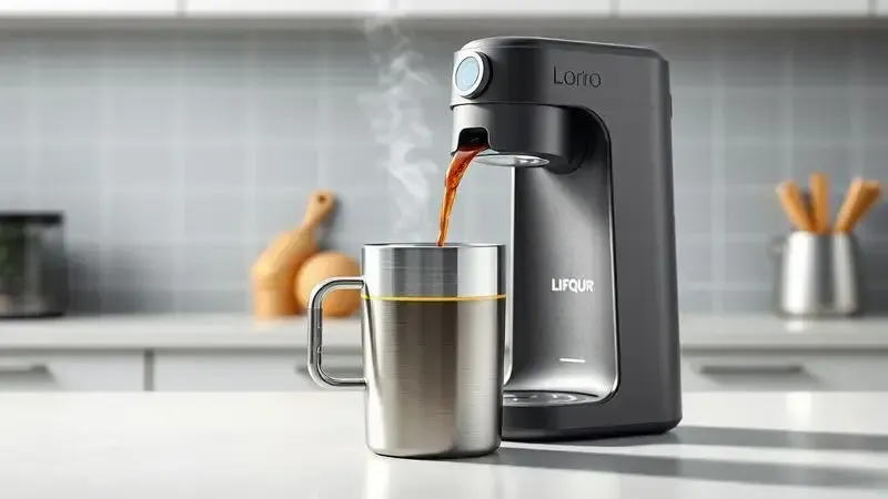 Cena conceitual ilustrando café sendo preparado diretamente no copo térmico por uma cafeteira elétrica.