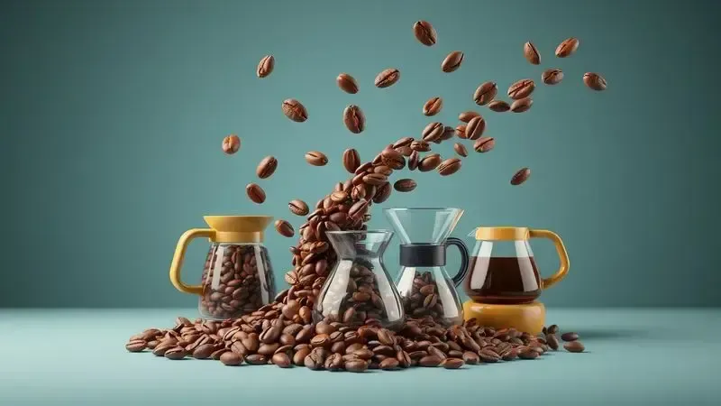 Representação artística de grãos de café especial se transformando em diferentes métodos de preparo