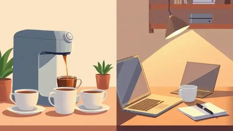 Ilustração digital realista mostrando café sendo servido para família e ambiente de home office simultaneamente