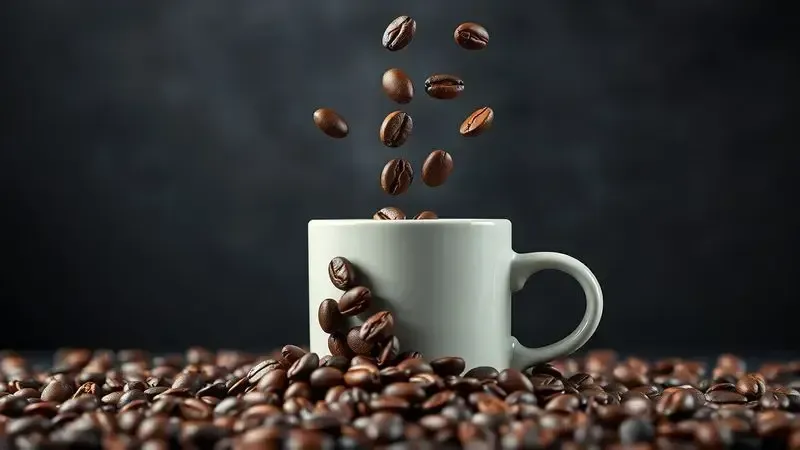 Render 3D artístico mostrando grãos de café torra escura caindo em xícara de cerâmica, representando sabor intenso.