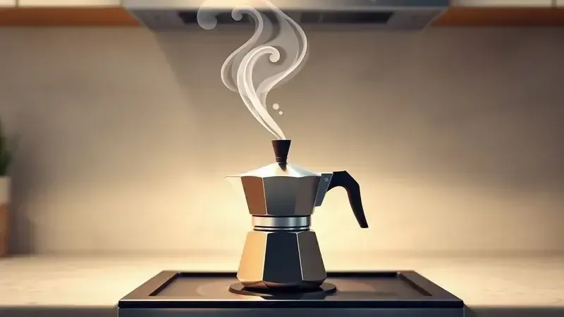 Ilustração conceitual do vapor e aroma intenso saindo de uma cafeteira moka no fogão