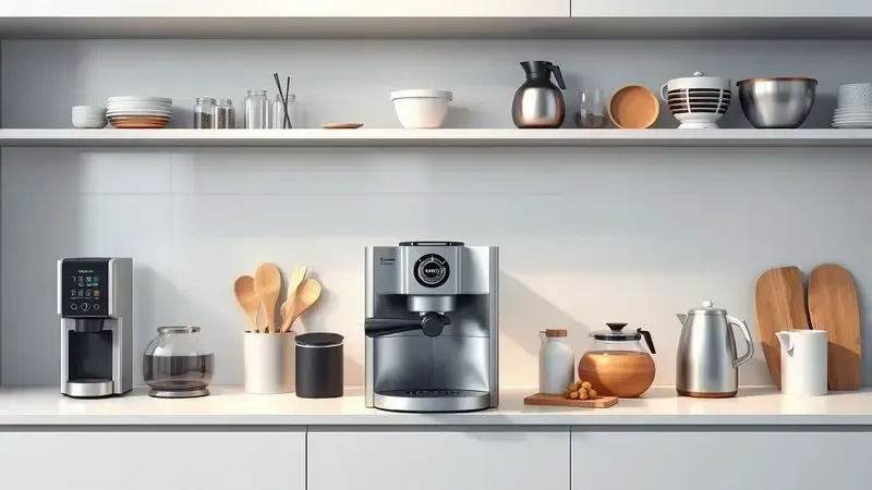 Ilustração conceitual de uma cafeteira automática integrada em diferentes estilos de cozinha moderna e retrô.