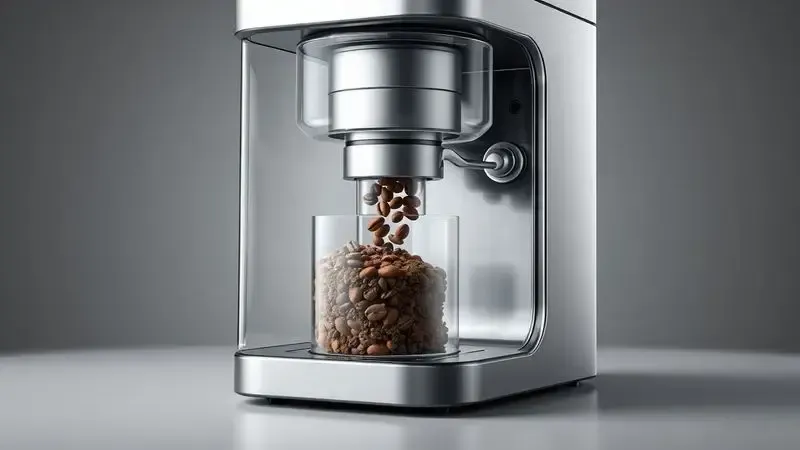 Ilustração conceitual do benefício de moedor integrado em cafeteira espresso, mostrando grãos sendo moídos internamente