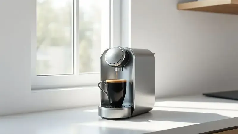Cafeteira compacta e elegante em balcão minimalista com iluminação natural