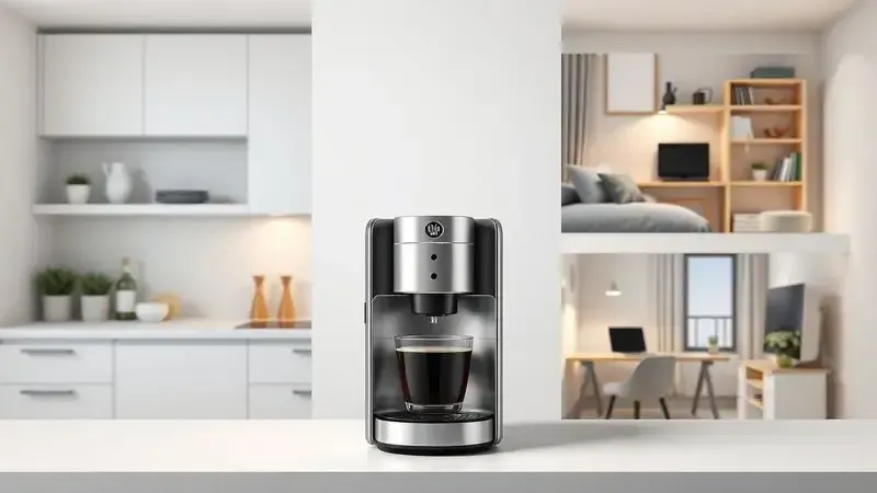 Ilustração 3D realista de cafeteira compacta em diferentes ambientes residenciais