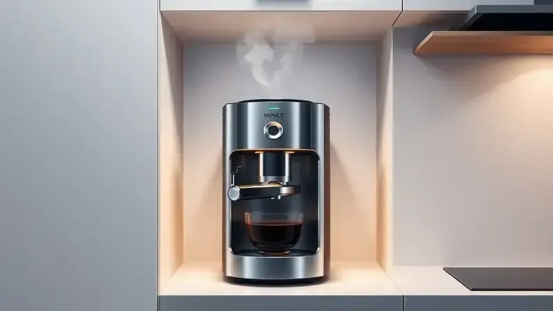 Ilustração 3D de uma cafeteira compacta e eficiente integrada em um cantinho de cozinha pequeno e estiloso.