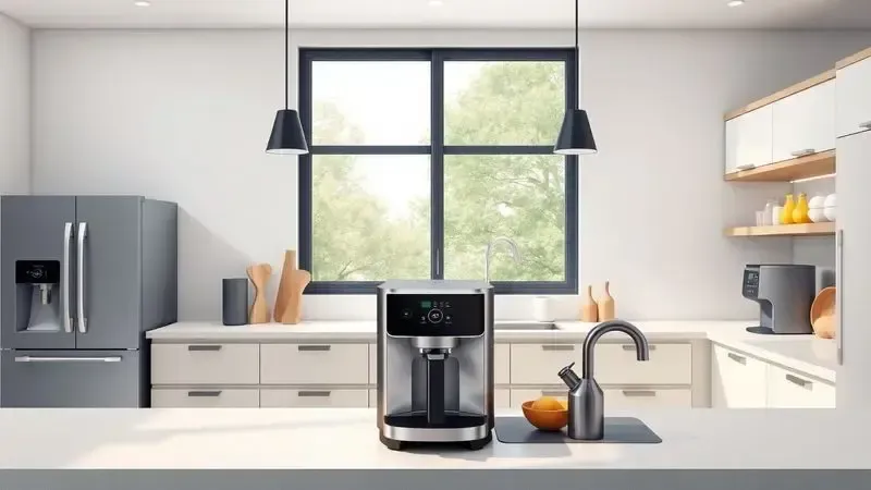 Ilustração conceitual de como cafeteiras se integram com diferentes estilos de cozinha moderna minimalista