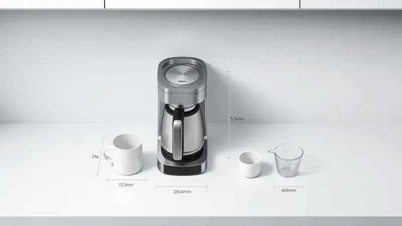 Ilustração conceitual de cafeteira em aço inox com referências de escala para demonstração de dimensões na bancada.