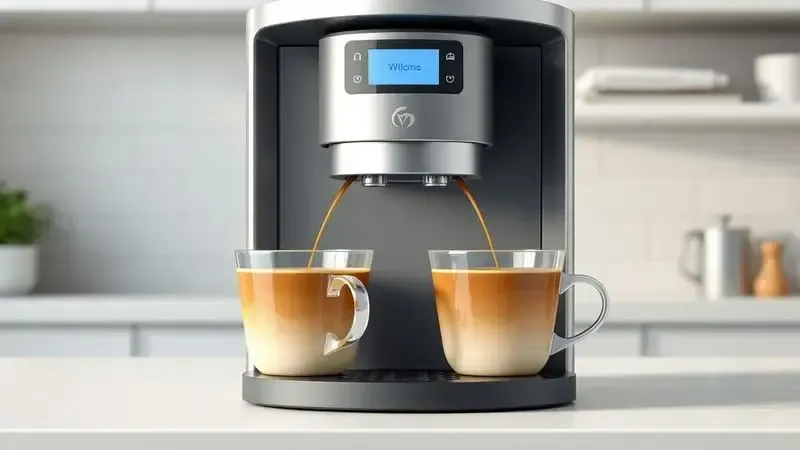 Ilustração conceitual de cafeteira que serve duas xícaras de café simultaneamente em ambiente de cozinha