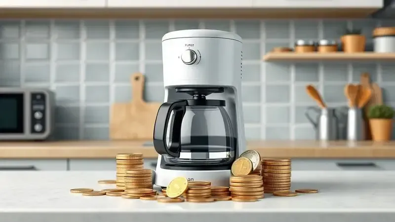 Conceito de cafeteira elétrica com bom custo-benefício representada com moedas e notas ao redor
