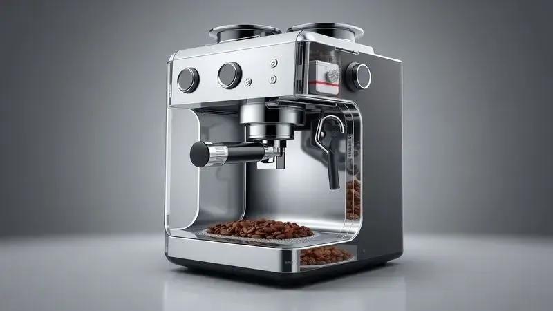 Ilustração conceitual de cafeteira expresso com moedor embutido mostrando mecanismo interno