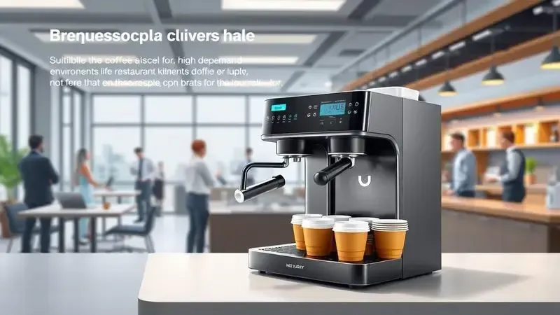 Ilustração conceitual de cafeteira de grande capacidade sendo usada em ambiente de alta demanda, como escritório ou restaurante.