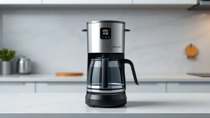 Render 3D realista de cafeteira italiana elétrica moderna com interface digital, design limpo e contemporâneo.