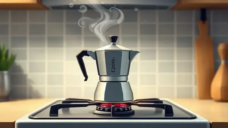 Ilustração realista de cafeteira italiana tradicional em uso no fogão, com vapor e aroma de café.