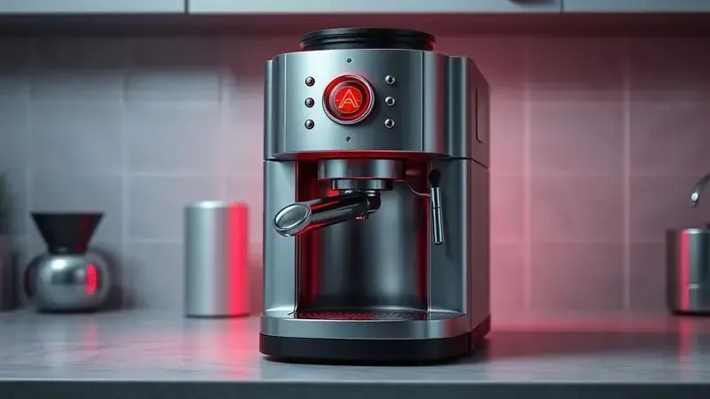 Ilustração conceitual de cafeteira com luz vermelha de alerta piscando em cozinha.