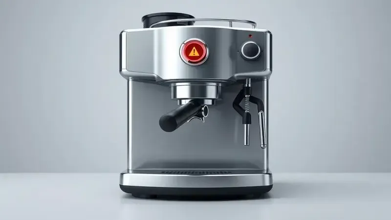 Cena conceitual de cafeteira com luz vermelha piscando indicando problema no sistema e necessidade de resolução