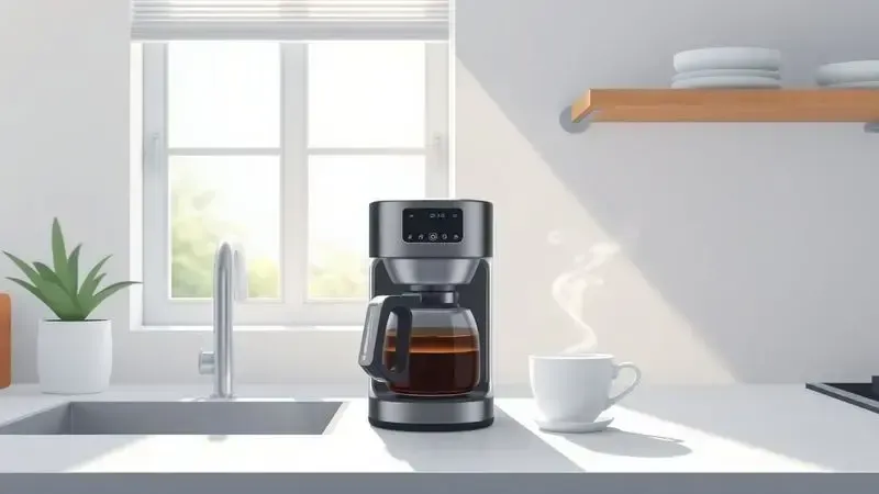 Cena conceitual de cozinha moderna com cafeteira programável e café fresco sendo preparado pela manhã