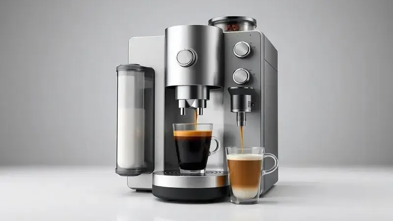 Ilustração 3D conceitual de cafeteira superautomática com moedor integrado e sistema de leite para preparo de espresso