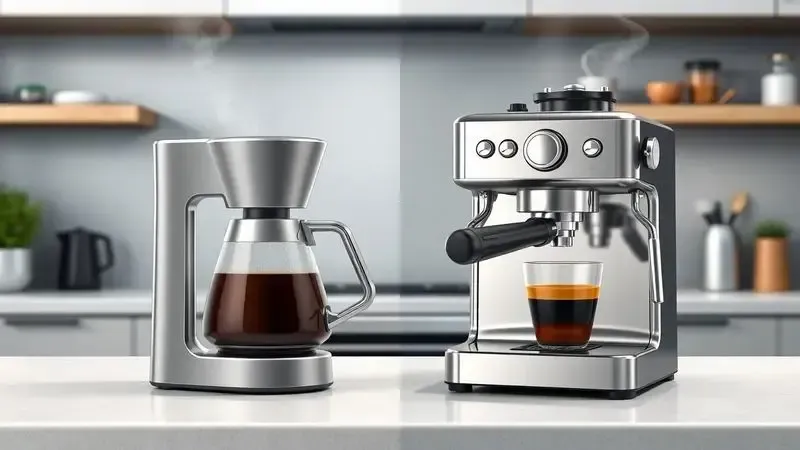 Ilustração comparativa de cafeteira tradicional e máquina de espresso mostrando diferenças de design e funcionamento